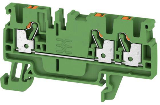 A green, double-row electrical terminal block. Two metal terminal points are visible, holding connecting cables.