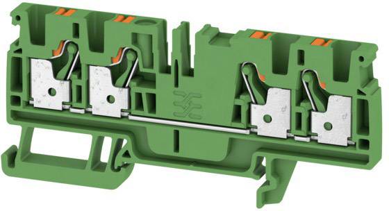 Green terminal block with four metal contacts and orange elements, used for electrical connections.