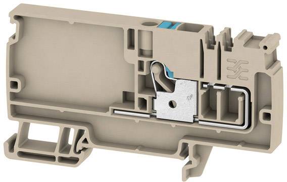 A cross-section of a beige plastic clip with metal components, shown to illustrate its internal structure and mechanism.