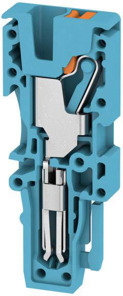 A cross-section of a blue electrical connector, showing internal metal components and orange insulating material on top.
