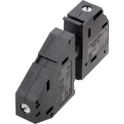 Two black electric fuse blocks in a trapezoidal shape, standing side by side, each with a visible mounting screw on top.