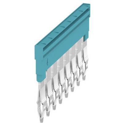 An electrical connector with blue plastic and silver metal components, featuring multiple parallel connections.