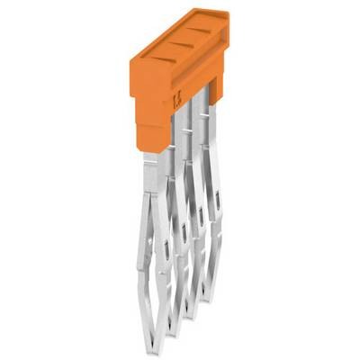 An orange plastic connector with six parallel-arranged metal terminals.