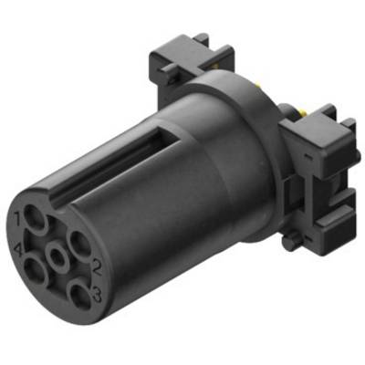 Black cylindrical plug with numbered holes and side clips, suitable for electrical connections.