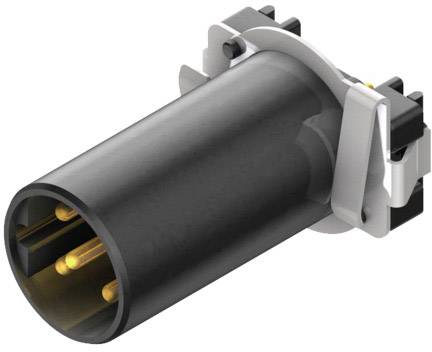 A cylindrical electrical connector with metal contacts and a plastic housing, used for mechanical and electrical connections.