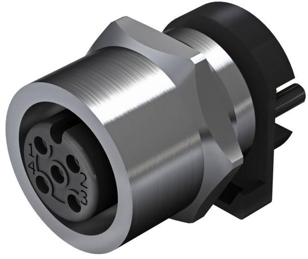 Metallic circular multi-pin connector with serrated end, suitable for industrial or technical applications.