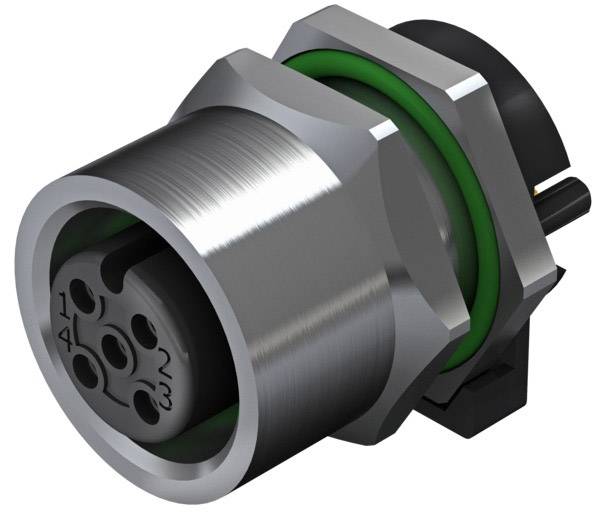 Metallic circular connector with a round housing and green seal, showing six contact pins.