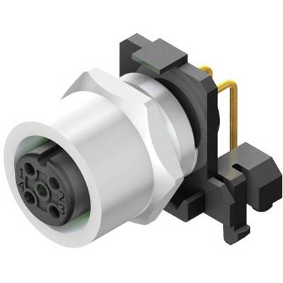 A circular electronic connector with multiple pins and a metal housing, used for industrial applications.