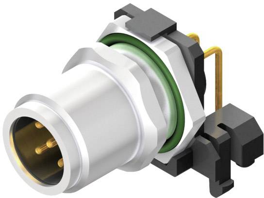 Close-up of a connector, metallic with a green seal and multiple pins, suitable for industrial applications.