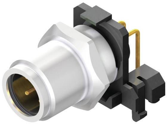 A coaxial connector, comprising a silver cylindrical housing with black plastic inserts, connected with golden pins.