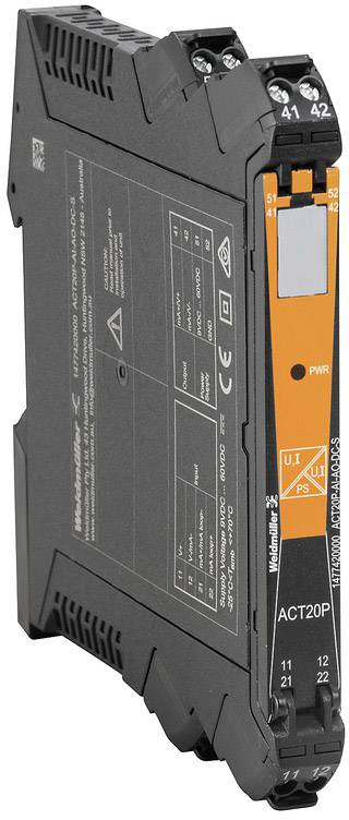 Industrial electronic device with a black and orange housing, model 'ACT20P'. Labelled with technical specifications and connections.