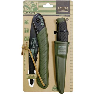 Foldable handsaw and knife in a green case, packaged on a cardboard backing with the 'Bahco Laplander' brand logo.
