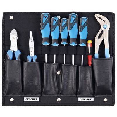 A tool set comprising six screwdrivers, a pair of pliers, a needle-nose pliers and a phase tester, mounted on a black holder.