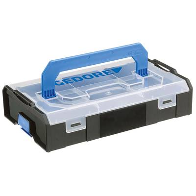 Black tool case with transparent lid and blue handle, labelled with 'GEDORE'.
