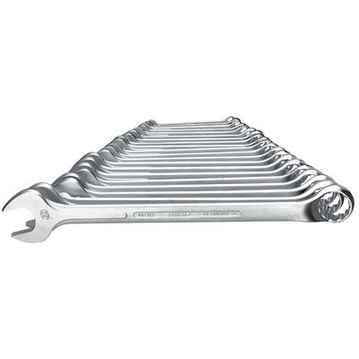 A set of silver spanners in various sizes, neatly laid out side by side.<br><br>Note: In British English, "Maulschlüssel" is typically translated as "spanner" rather than "wrench", and the phrasing reflects a natural British English description.