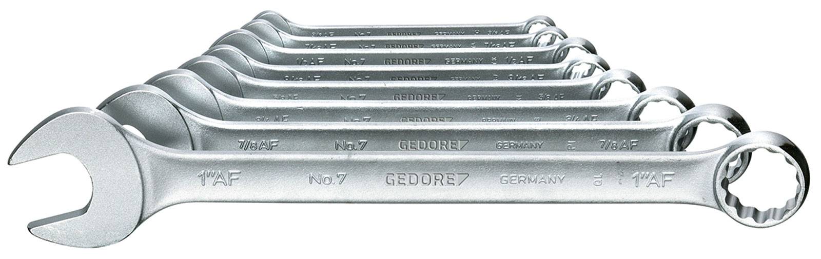 A set of eight ring spanners in ascending sizes, made of gleaming metal, marked with 'GEDORE GERMANY'.