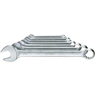 A set of eight ring spanners in ascending sizes, made of gleaming metal, marked with 'GEDORE GERMANY'.