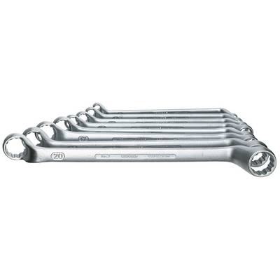 A set of eight ring spanners of varying sizes, arranged from small to large on a white surface.