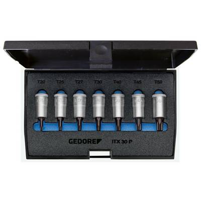Set of Torx bits in an open, black box. Seven bits, numbered from T20 to T50, on a blue foam holder. Brand: GEDORE ITX 30 P.