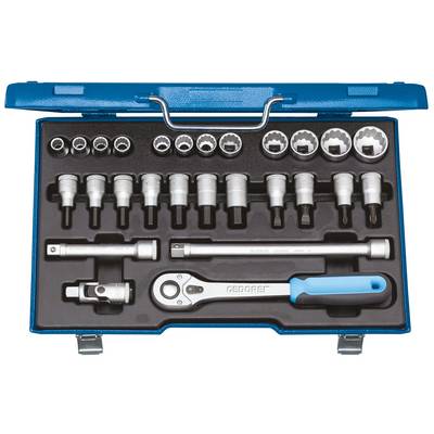 Socket wrench set with ratchet, extension bars and various socket sizes in a blue case, organised and ready for use.