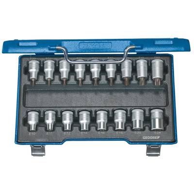 An open blue tool case with 16 different Torx bits arranged in two rows, numbered from E10 to E24.
