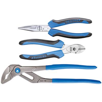 Three hand tools: a long-nose pliers, side cutters and water pump pliers, all with blue handles, from the brand 'Gedore'.