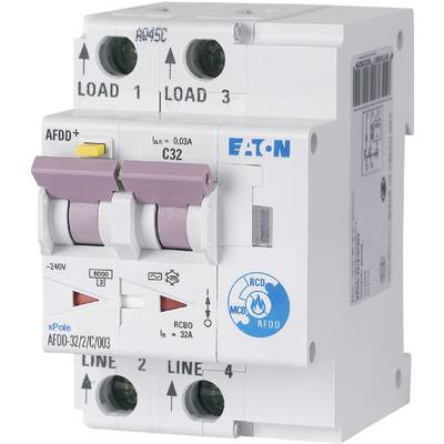 Two-pole circuit breaker with RCBO function, brand imprint 'Eaton', terminals and switch with labelling.