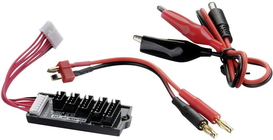 'Charger adaptor cable and connection terminals: on the left is a balancer board with multiple connections, on the right two crocodile clips.'