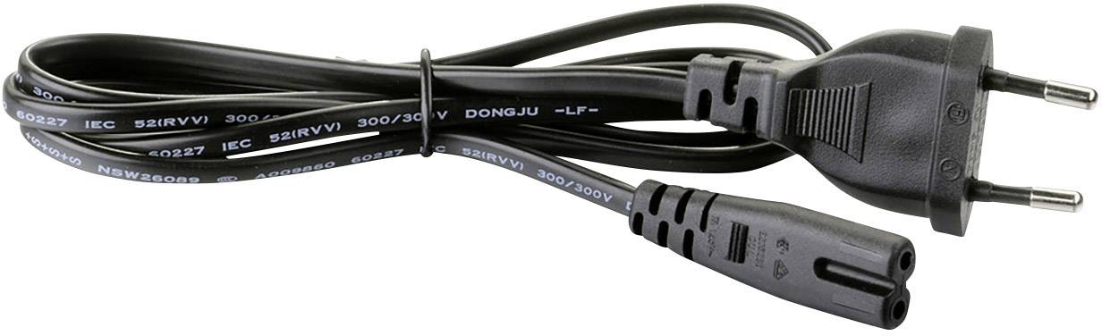 Black European mains cable with two pins and C7 socket, suitable for electronic devices.