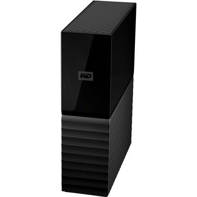 External hard drive in a black enclosure with 'WD' logo, standing vertically.