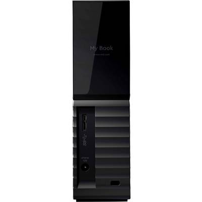 External hard drive with vertical design, front view showing 'My Book' logo. Features USB and power connection on dark surface.