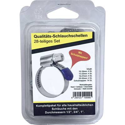 Packaging for a 28-piece quality hose clamp set with protective caps. Suitable for hoses with diameters of 1/2", 3/4" and 1".