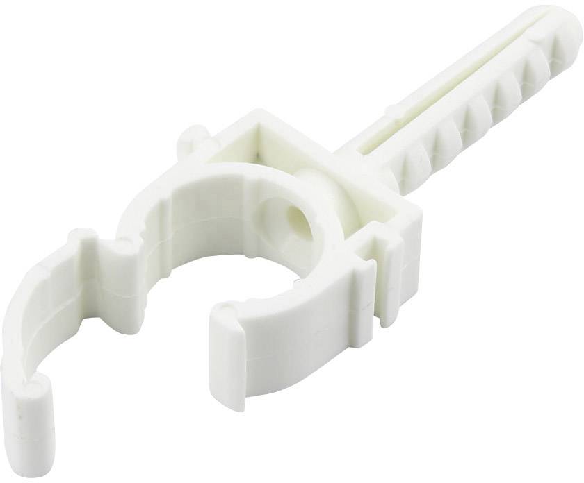 White plastic cable clip with a cylindrical anchor and a round, spring-loaded clip for stabilisation.