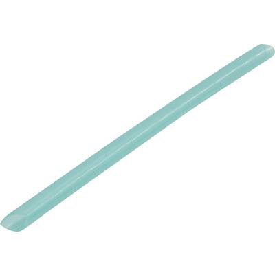 A thin, transparent, turquoise plastic drinking straw in close-up, lying on a white background.