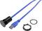 Blue USB extension cable with round mounting connector and accessories, including mounting ring and seal.