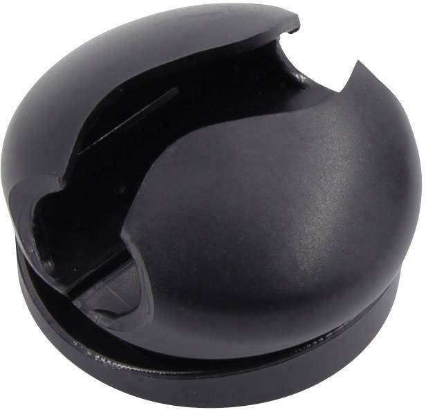 Black, round cable clip for cable management, with two narrow slots for inserting and holding cables.