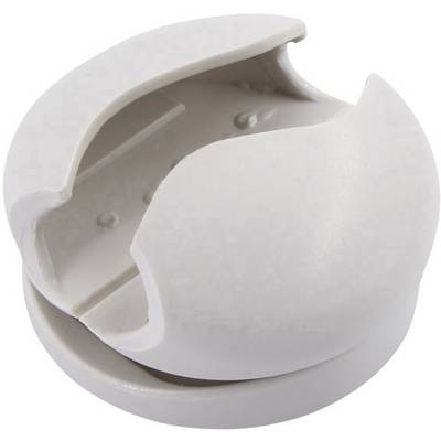 A round, white plastic cable clip, opened to organise cables and prevent them from slipping.