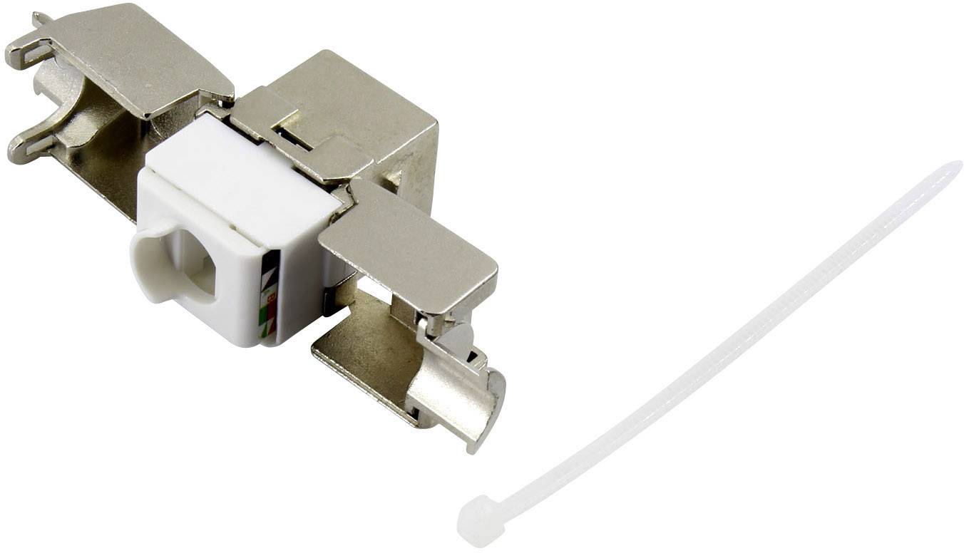 Metallic network connection module beside a white cable tie, for use in network installations.