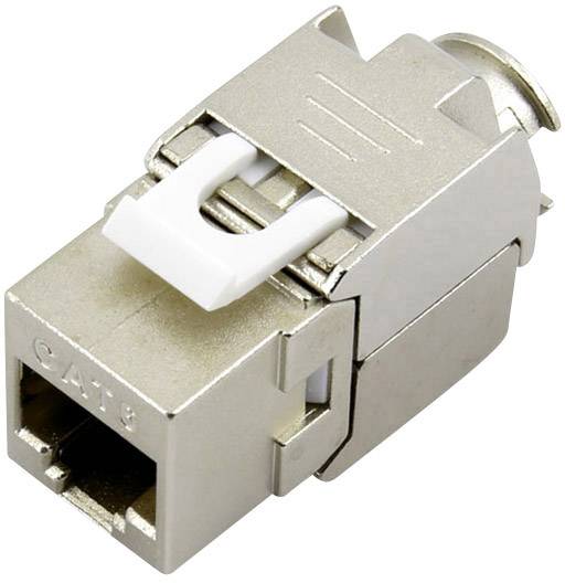 A silver Cat6 network plug with a white locking mechanism, used for network cable connections in data transmission.