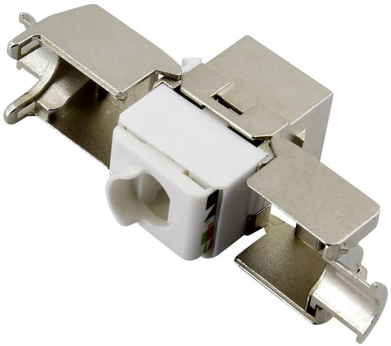 A keystone module in silver and white, used for connecting network cables in patch panels or wall sockets.