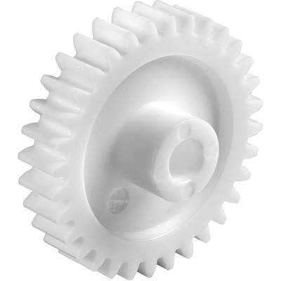 A single, white cogwheel with clearly visible teeth and a hole in its centre, set against a neutral background.