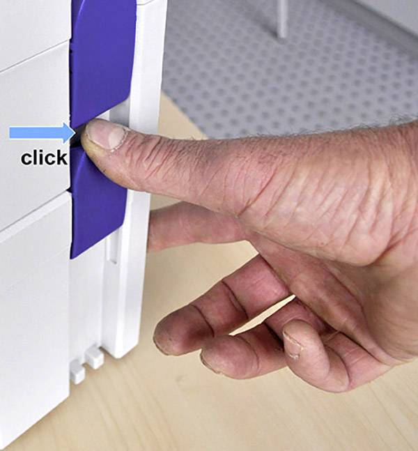 A hand presses a blue button on a device with the instruction 'click' to trigger a function.