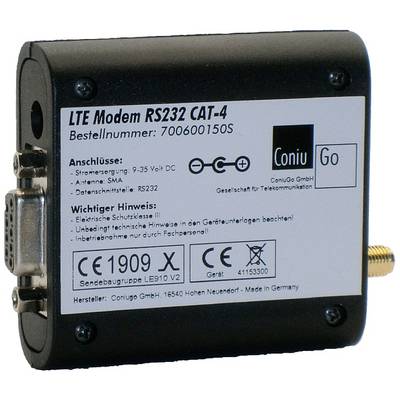 Black LTE modem RS232 CAT-4 with antenna connection and important technical connection information on a white label.