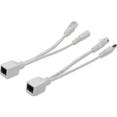 Two white Ethernet PoE adaptor cables with RJ45 plugs and sockets. They are designed for power delivery over Ethernet.