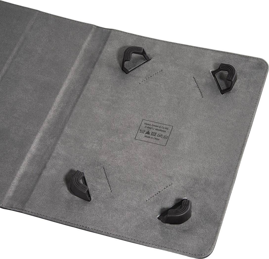 Grey and black tablet case with four elastic securing straps at the corners for secure attachment of a tablet.