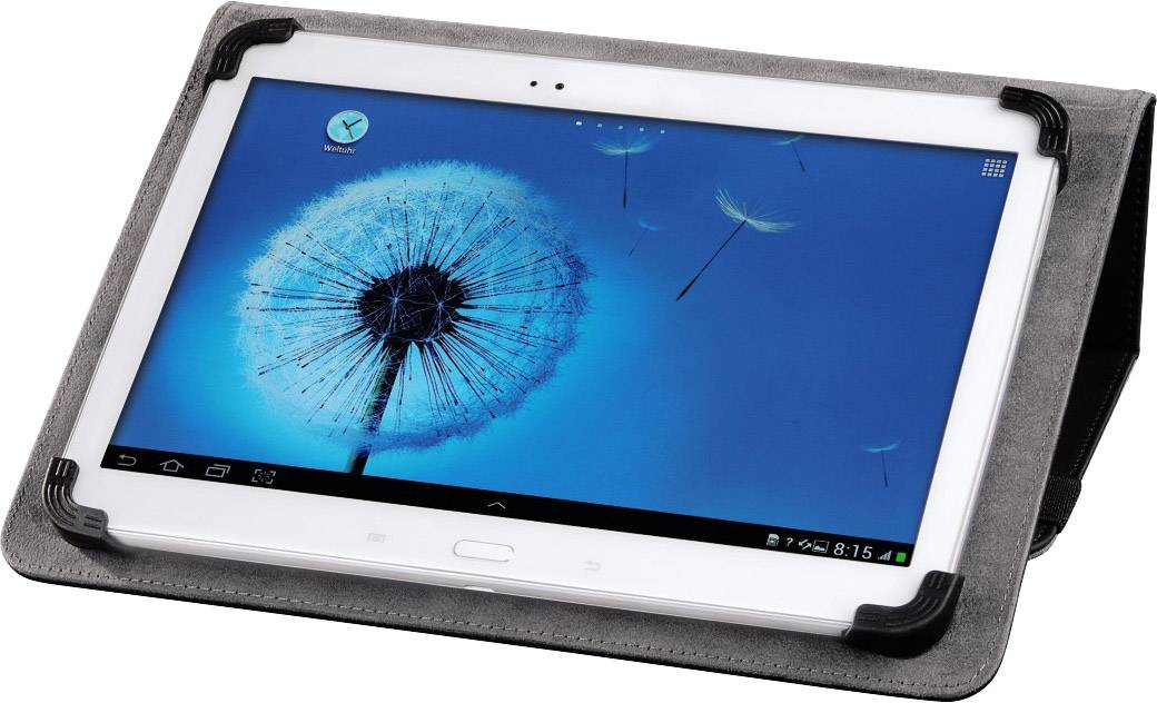 A tablet in a black case with an image of a dandelion seed head on the screen. The tablet is in landscape orientation.