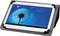 A tablet in a black case with an image of a dandelion seed head on the screen. The tablet is in landscape orientation.