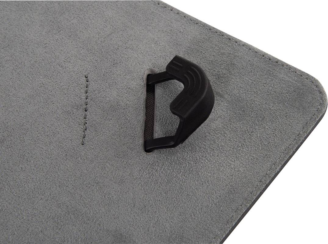 Grey surface with a black plastic loop sewn on.
