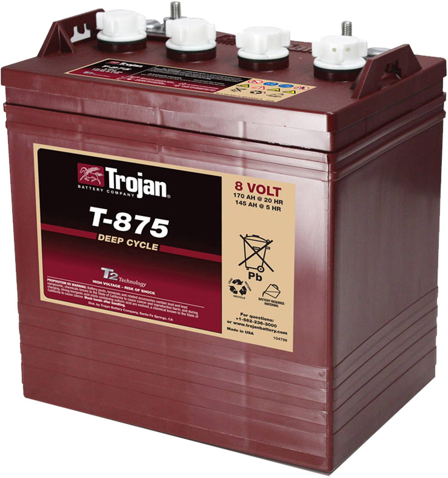 Trojan T-875EHPT, BCI GC8 VRLA 8 V 170 Ah Lead acid (W x H x D) 259 x 283 x 179 mm M8 connector High number of charge cycles, Low maintenance