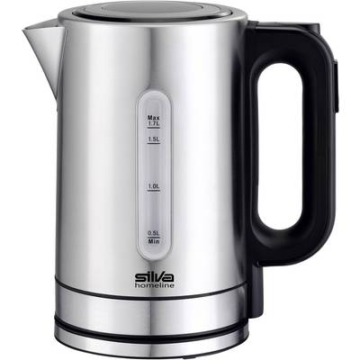 Silver electric kettle with a black handle, side water level indicator, and the text 'silva homeline'.